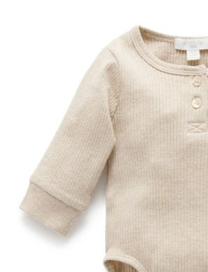 Rib L/SLV Henley Bodysuit in Biscuit