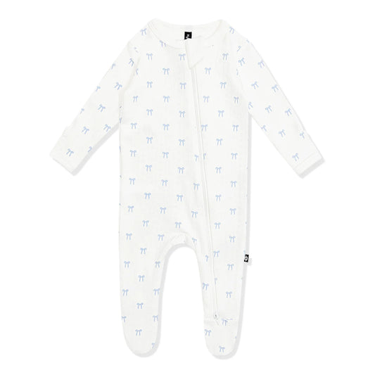 Pointelle Zippered Footie in Sweet Blue Bow