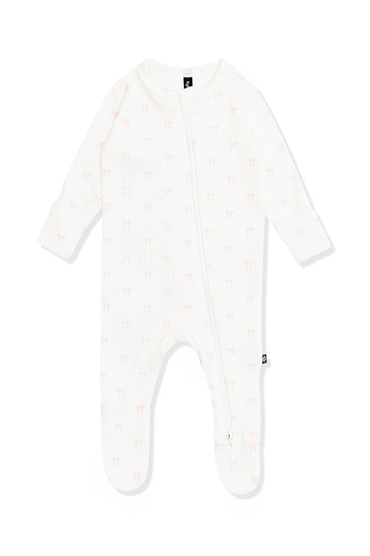 Pointelle Zippered Footie in Sweet Pink Bow