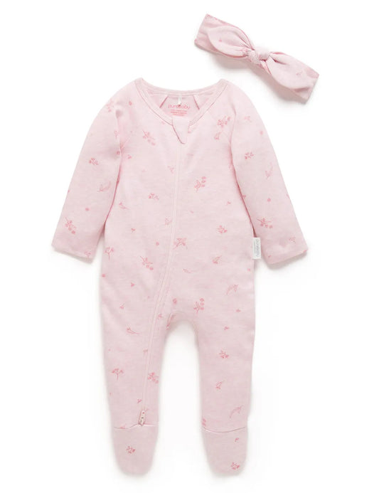 Zip Growsuit & Headband Set - Pale Pink Blossom