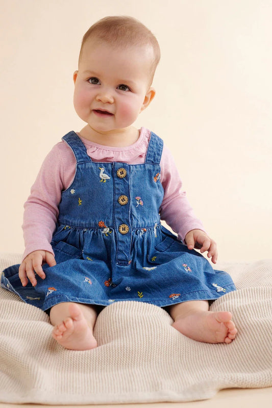 Embroidered Pinnie Set in Mid Denim Blue