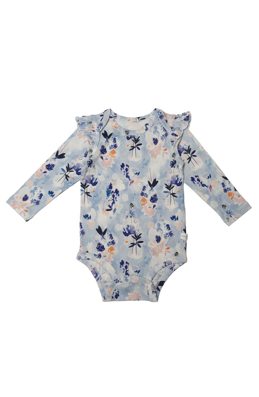 Ruffle Long Sleeve Bodysuit - Blue Ink Floral