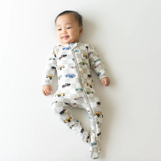 Zippered Footie in Oat - Fast and Fierce Print