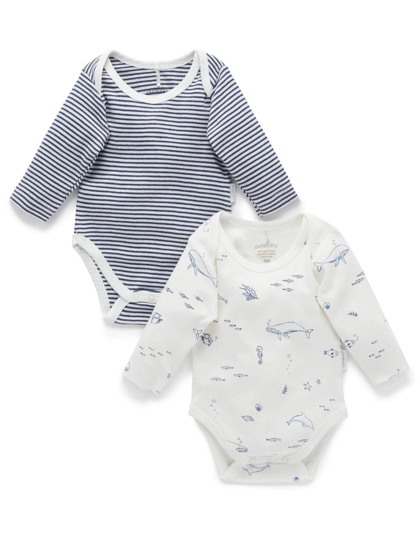 2 Pack Easy Neck Long Sleeve Bodysuit in Vanilla Nautical