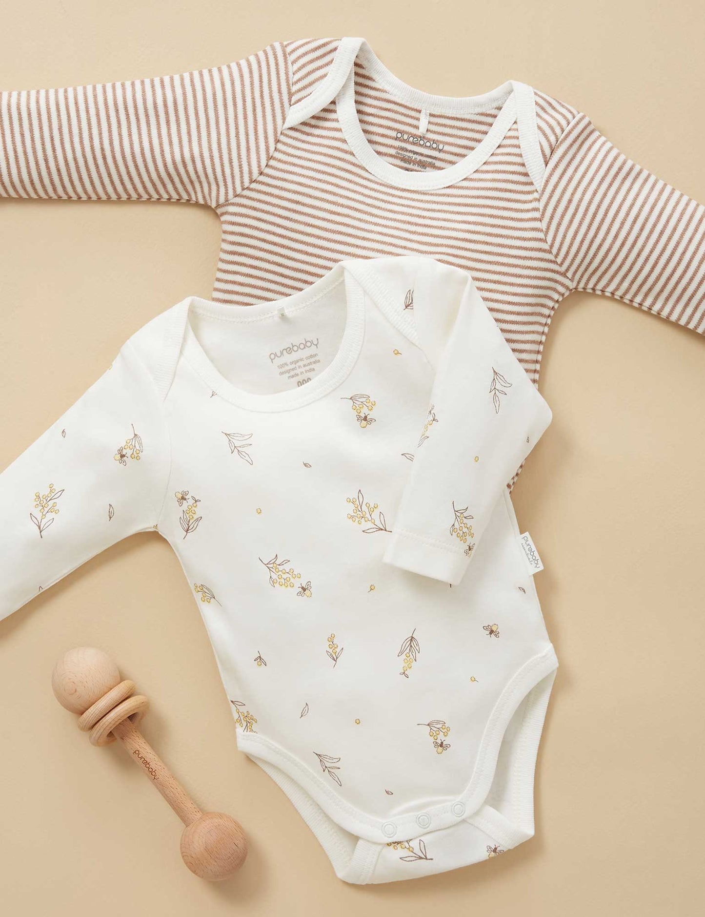 2 Pack Easy Neck Long Sleeve Bodysuit in Vanilla Wattle Bee Pack