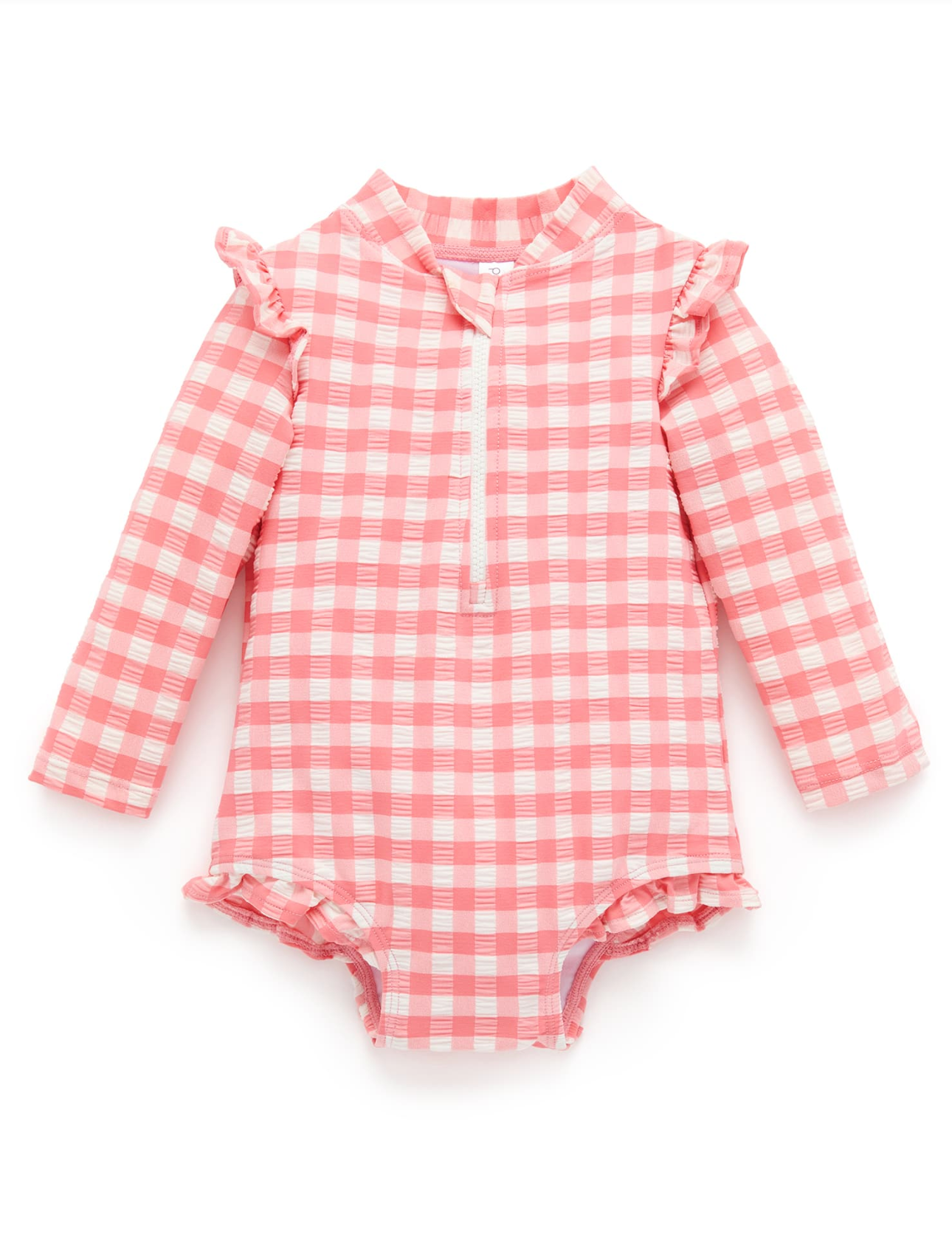 Printed Frilly L/S Swimsuit in Gingham