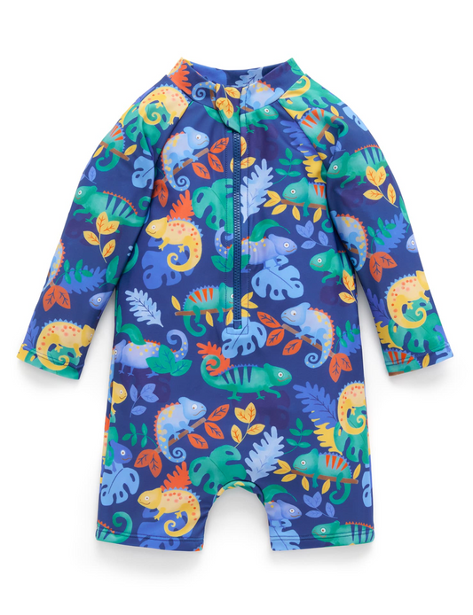 Printed L/S Sunsuit - Blue Chameleon
